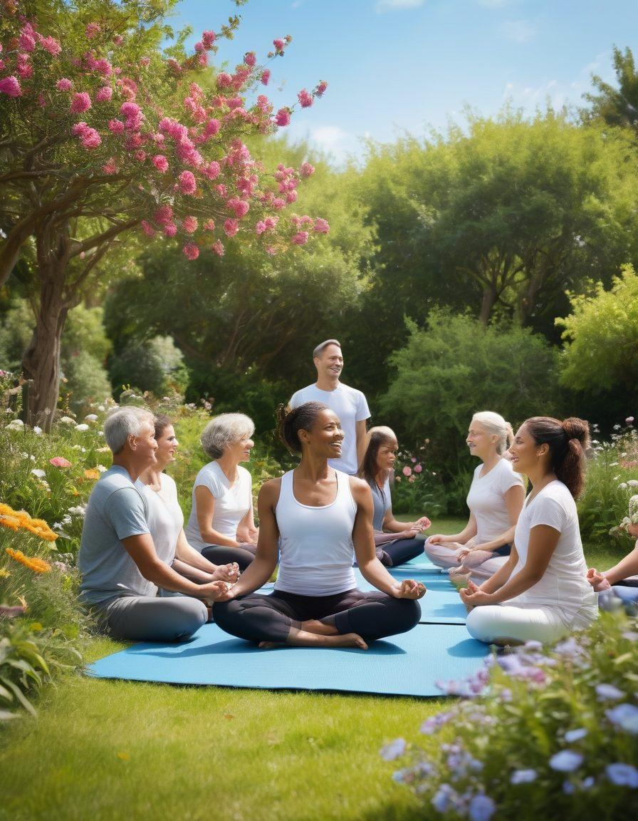 A serene depiction of a diverse group of individuals, including men and women of various ages, gathered in a lush garden, exchanging warm smiles and support. In the background, a clear blue sky and blooming flowers symbolize hope and healing. Subtle elements like yoga mats and a table with healthy food options emphasize wellness. The atmosphere should feel uplifting and nurturing, radiating positivity and resilience. soft focus. vibrant colors. organic style.