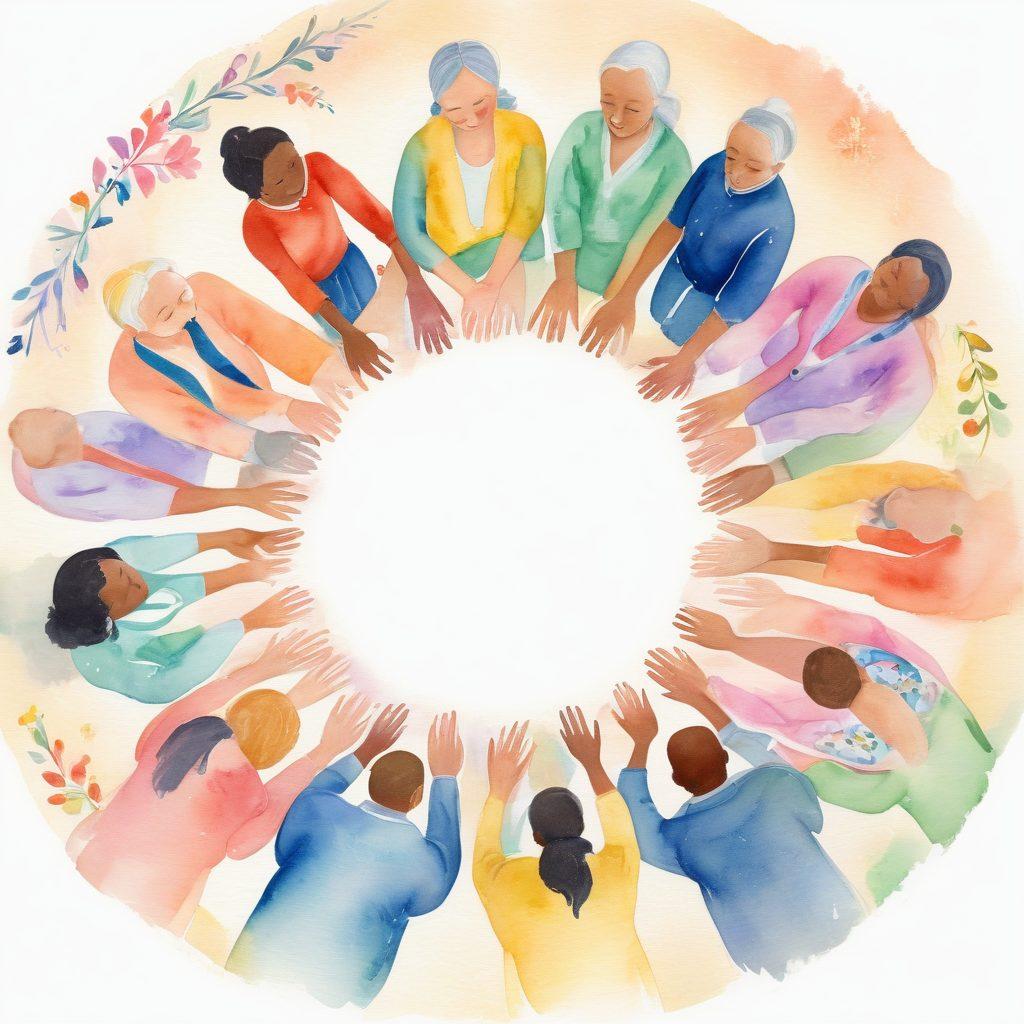 A compassionate scene depicting a diverse group of people forming a supportive circle, with one person in the center receiving comfort, surrounded by soft natural light. Include symbols of hope like ribbons and blooming flowers in the background, representing resilience and community. Emphasize warmth and connection among the individuals, showcasing a mix of ages and backgrounds. soft focus. pastel colors. watercolor style.
