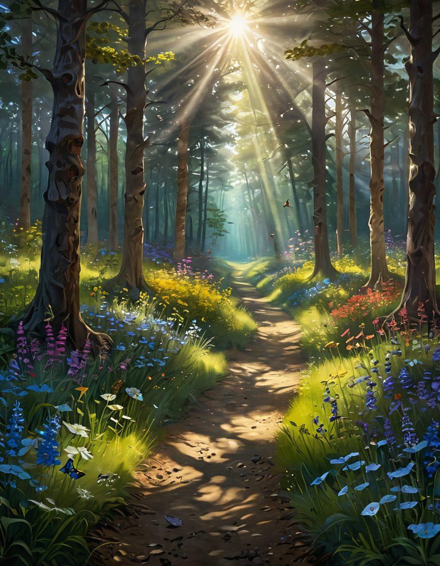 A serene landscape depicting a journey from a dark, shadowy forest representing diagnosis, to a vibrant, sunlit meadow symbolizing treatment and wellness. Include soft rays of sunlight breaking through trees, with diverse individuals of various ages and backgrounds walking towards the light. Integrate elements like flowers blooming and butterflies fluttering to represent hope and healing. super-realistic. vibrant colors. 3D.